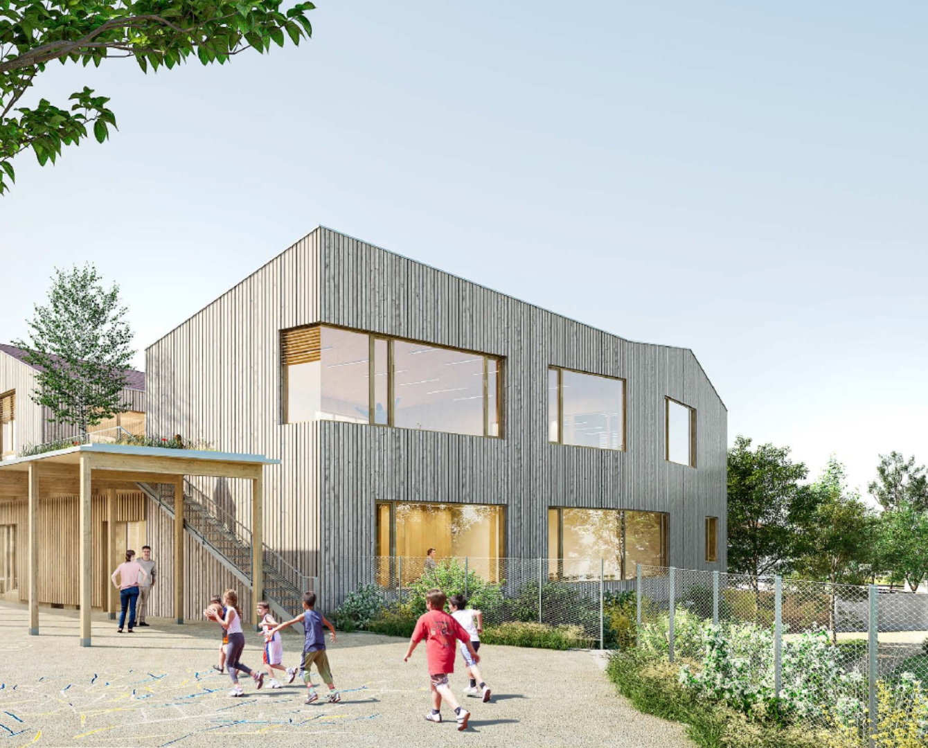 LJN - Paysagiste concepteur - Rhône - Orliénas - Groupe scolaire - Perspective restaurant - Equipement - Groupe scolaire - Cours Oasis - Cours Nature - Elementaire - Maternel - Crèche - square - Désimperméabilisation - Biodiversité