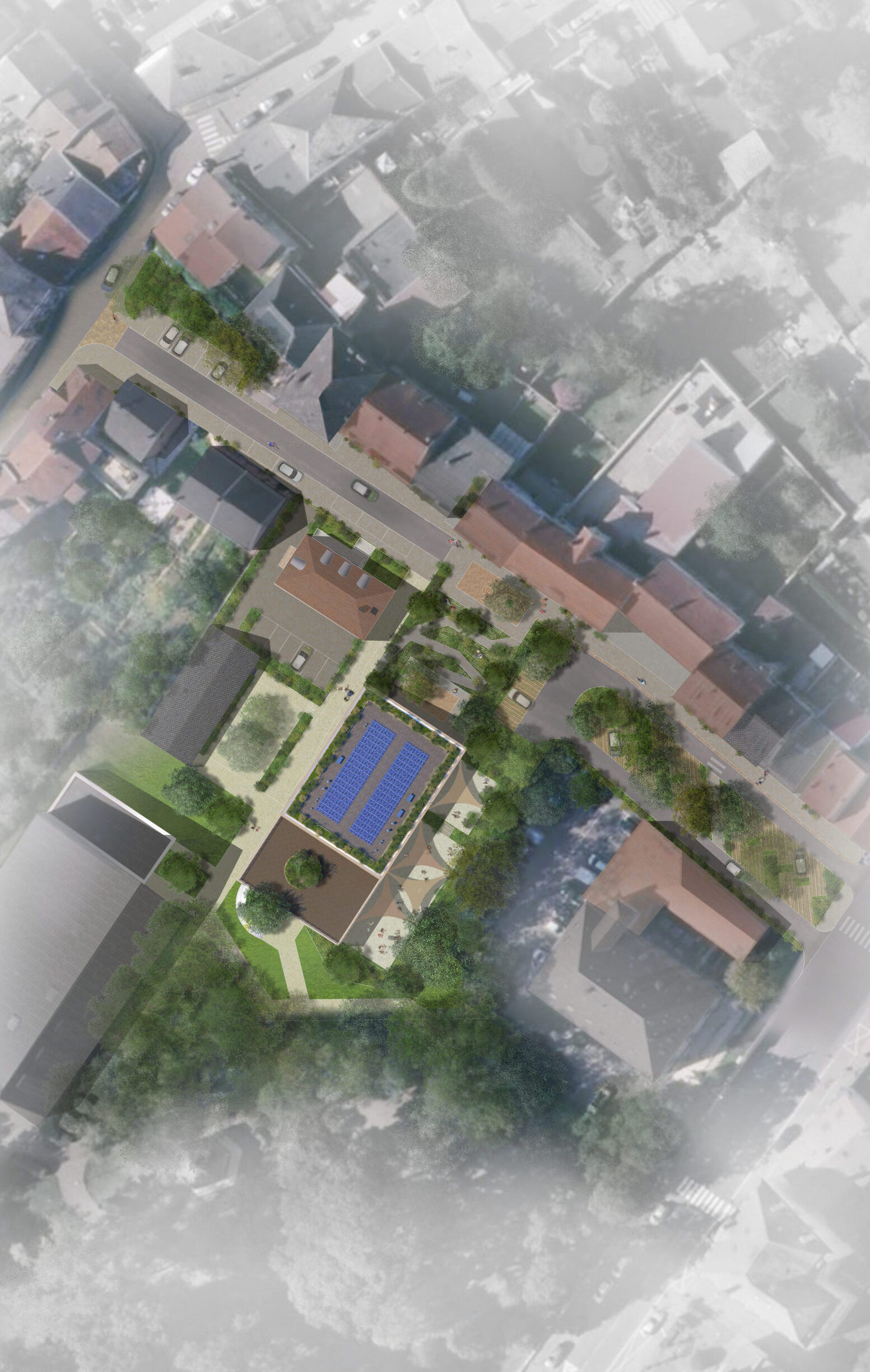LJN - Paysagiste concepteur - Moselle - Knutange - Bâtiment mutliéquipement - Plan masse - Espace public - Végétalisation - sécurisation - piétonnisation - Béton de site - école - Salle polyvalente - Maison de quartier - parvis - Rue Roger Naumann