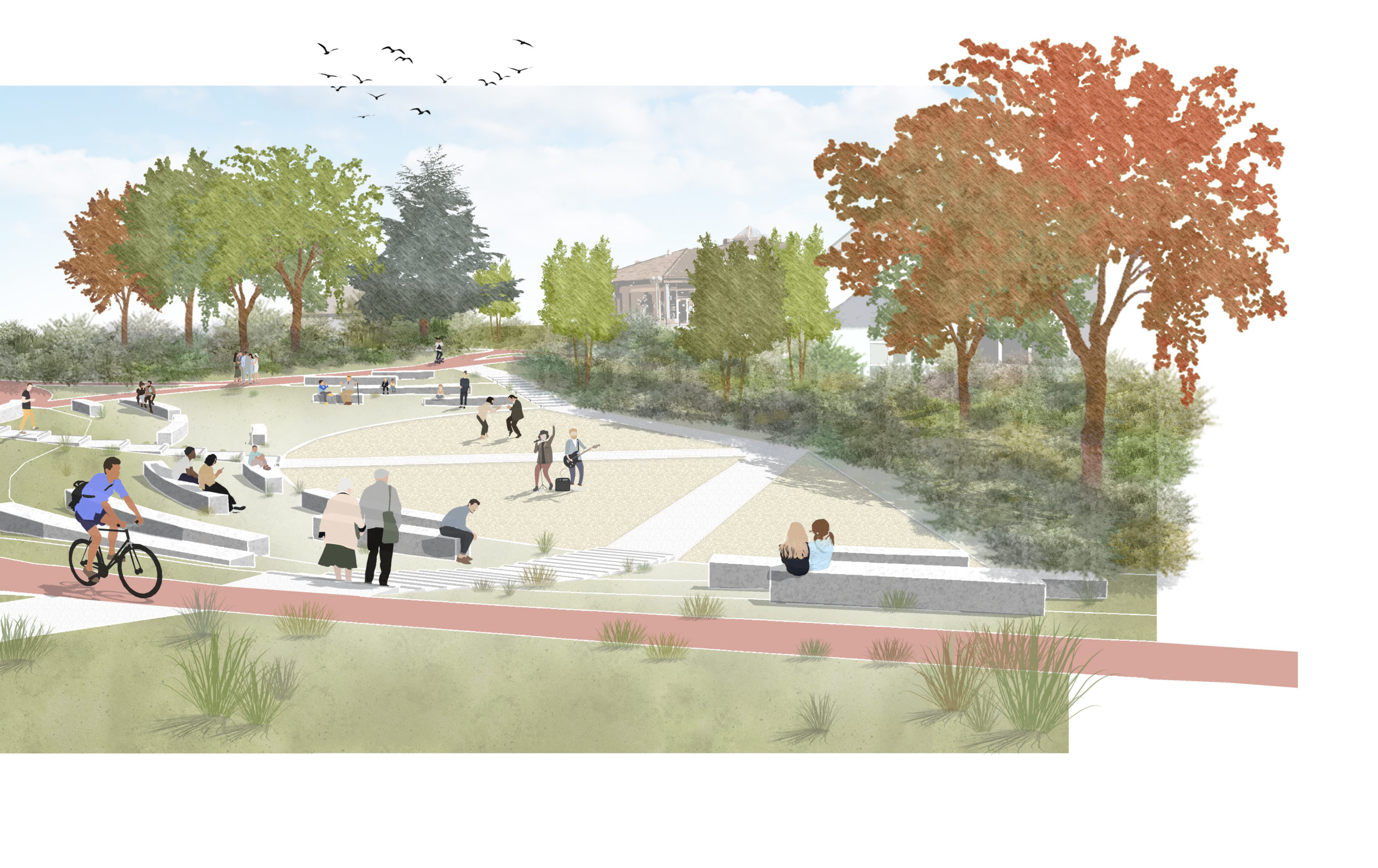LJN - Paysagiste concepteur - Rhône - Marcy-l'Etoile - Parc du Vallon des Pierres Rouges - Croquis amphithéâtre - Coulée verte - Pédagogie - Interprétation - Renaturation de cour d'eau - Aire de jeux - Parc - Biodiversité - Ilot de fraicheur