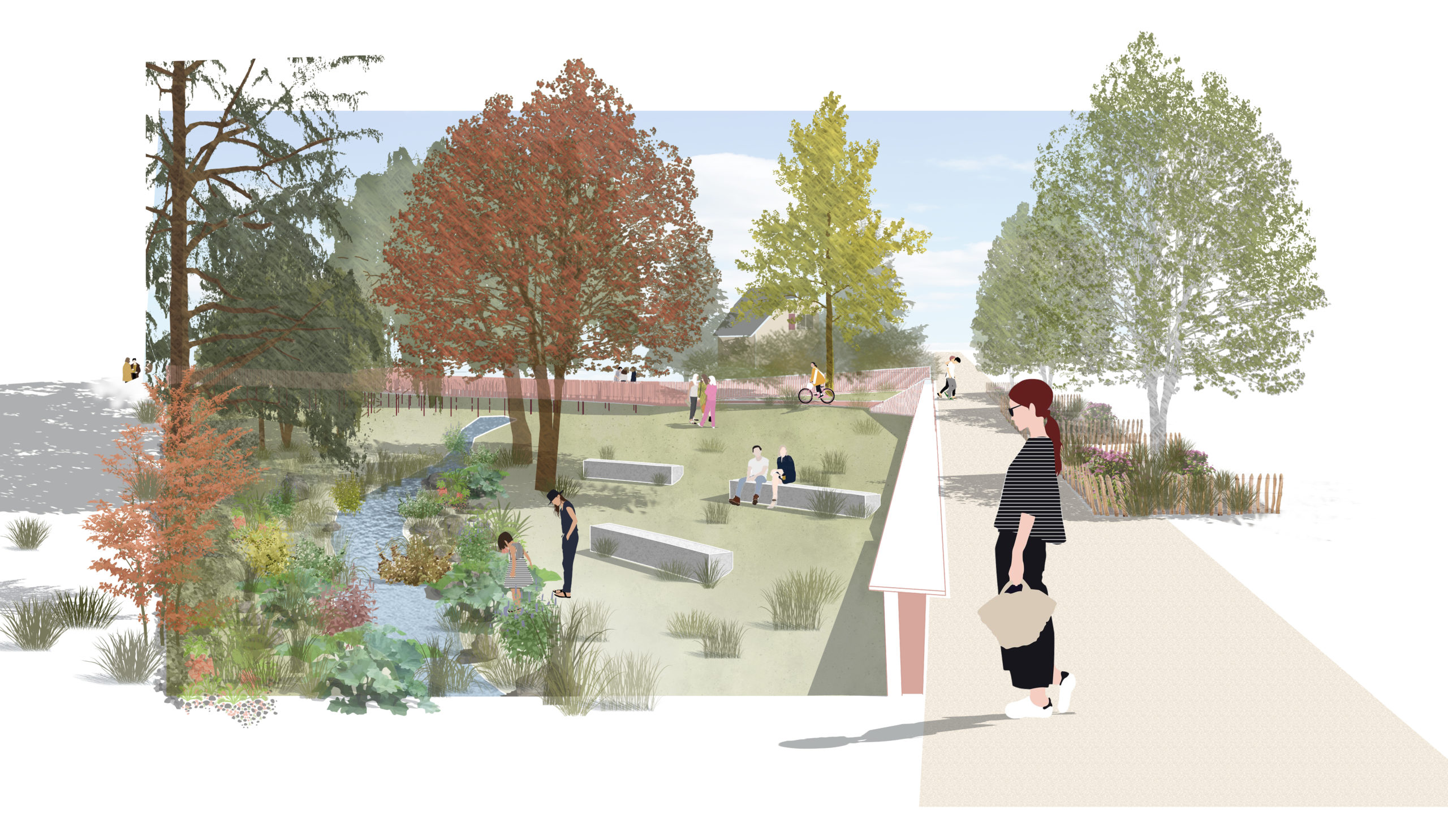 LJN - Paysagiste concepteur - Rhône - Marcy-l'Etoile - Parc du Vallon des Pierres Rouges - Croquis entrée - Coulée verte - Pédagogie - Interprétation - Renaturation de cour d'eau - Aire de jeux - Parc - Biodiversité - Ilot de fraicheur